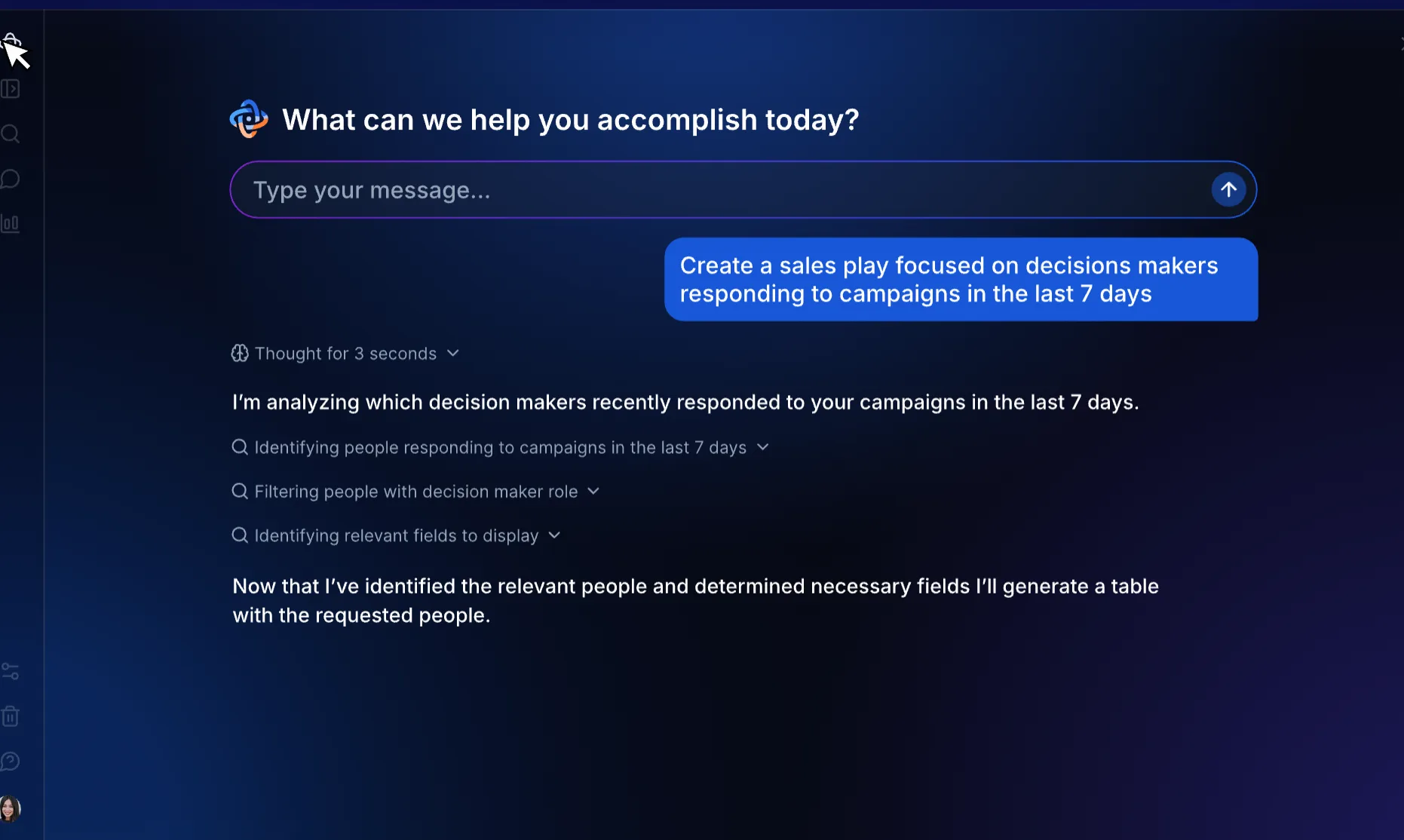 Demandbase assistant prompt asking “What can we help you accomplish today?” with a request to create a sales play