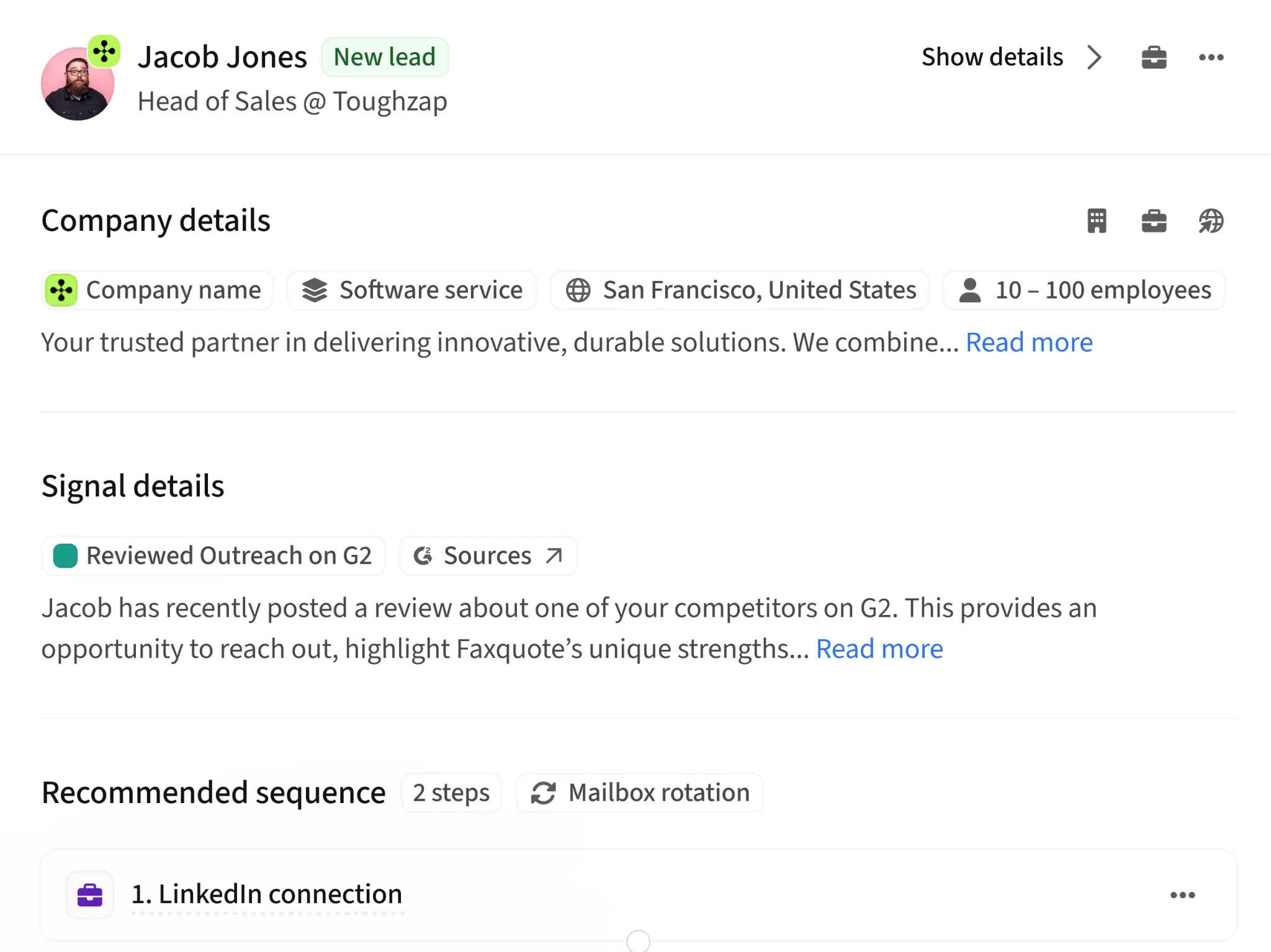 Amplemarket lead profile with company details, signal details and a recommended sequence
